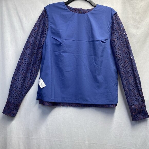 Banana Republic Lace Overlay Long Sleeve Round Neck Blouse Women Small Blue New - Picture 13 of 16